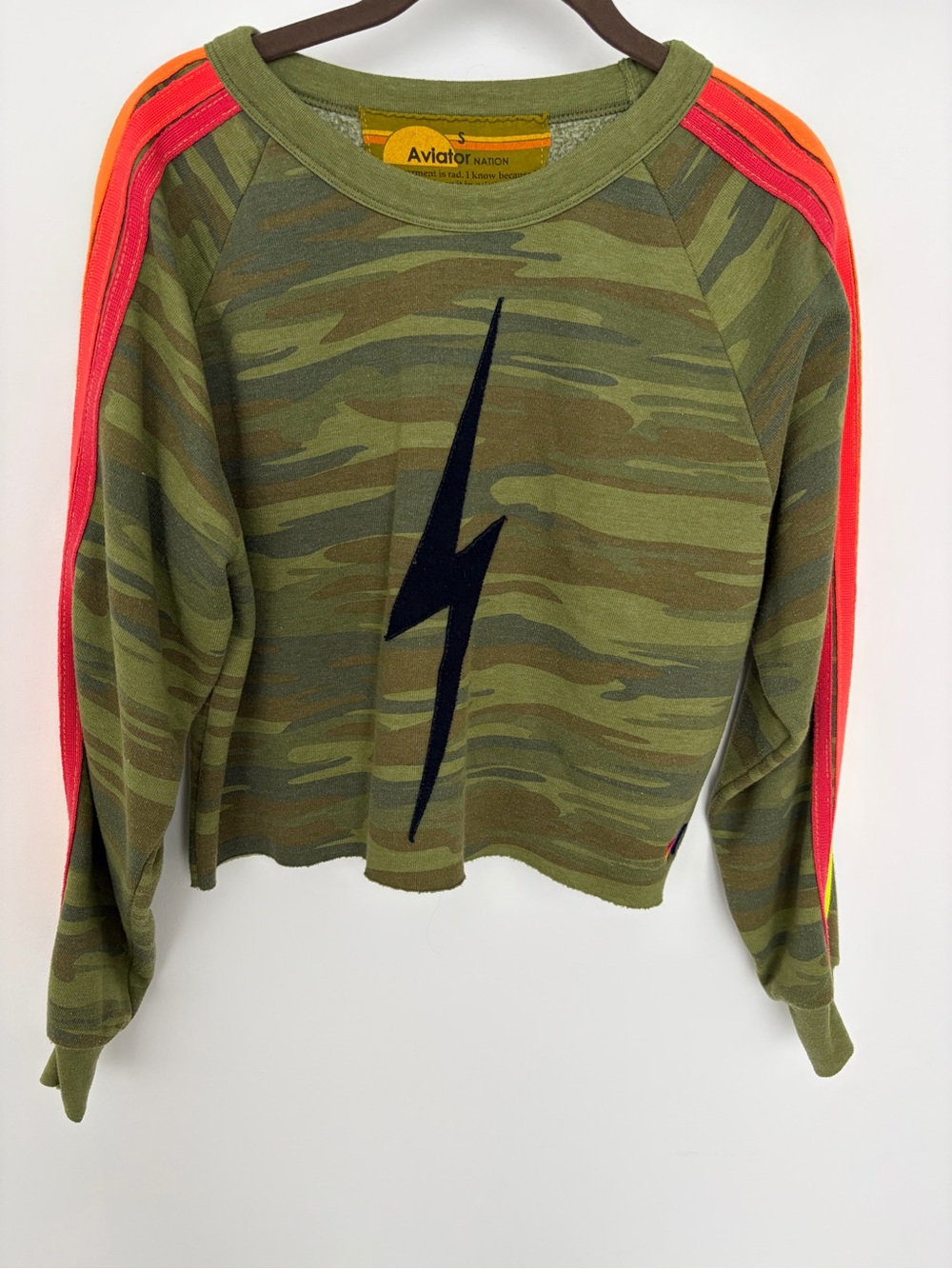 Aviator Nation Camo Lightning Stripe Sweatshirt - Olive with Neon Accents